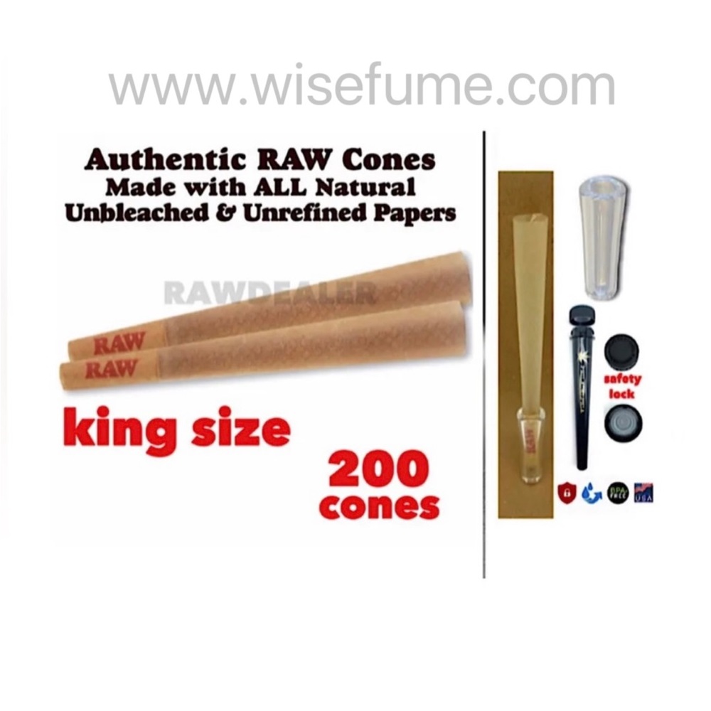 Raw classic King Size cone pre rolled (200pk) + glass cone tip + tube
